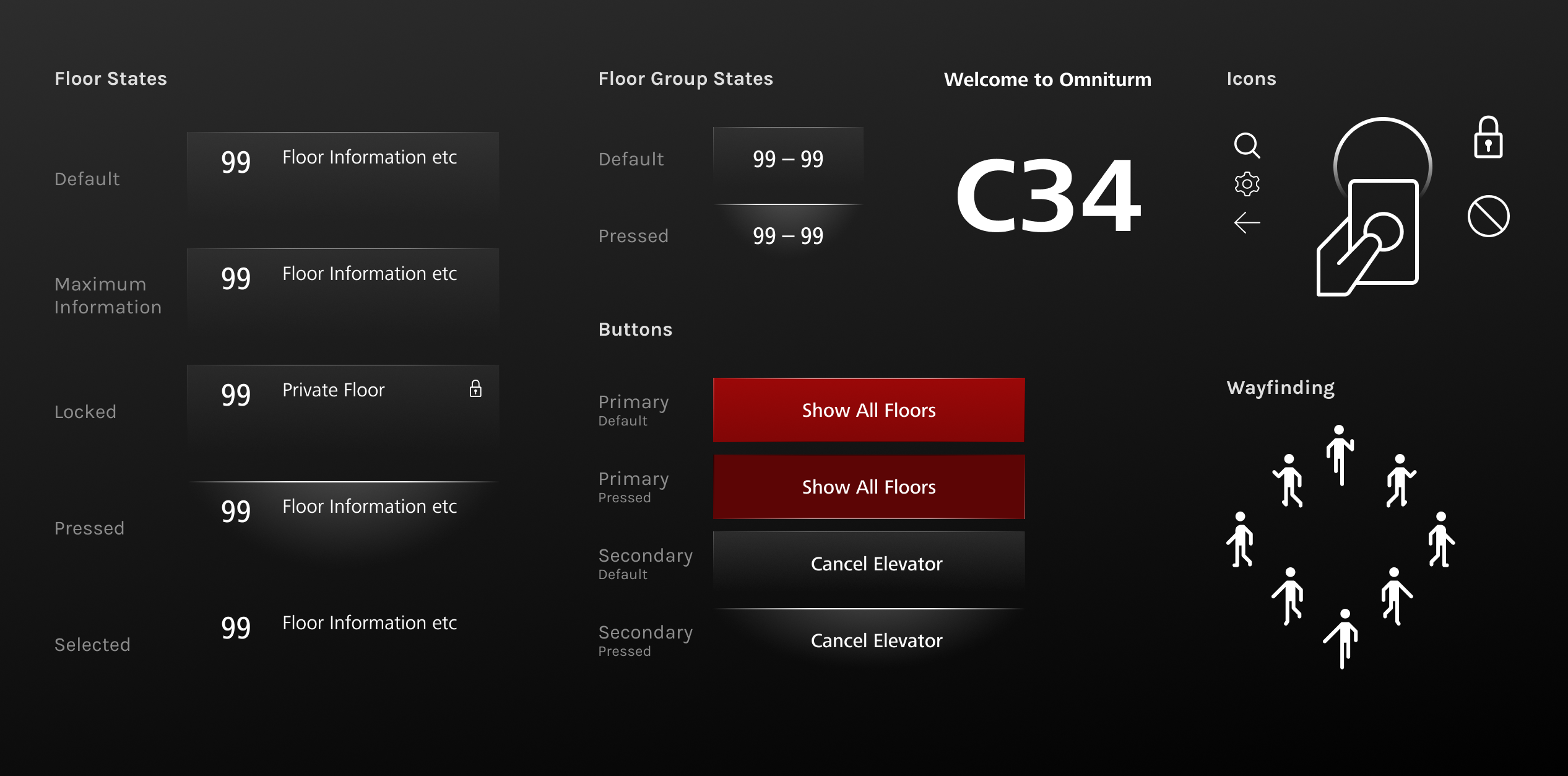 Schindler PORT visual system components including floor states, buttons, icons and wayfinding elements