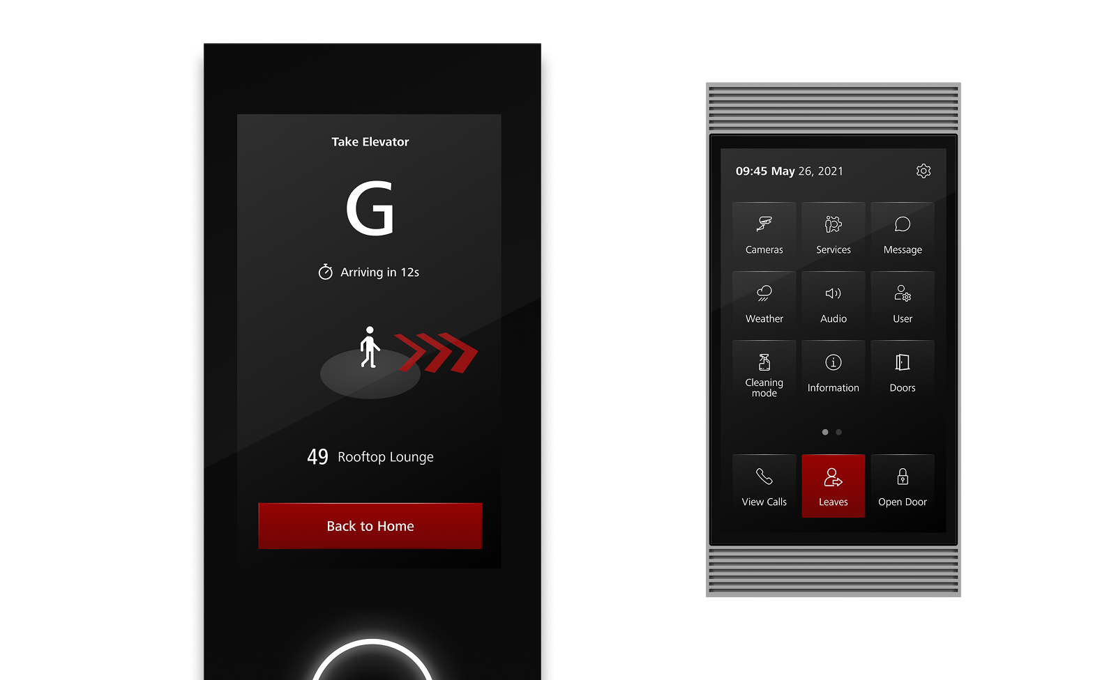 Schindler PORT elevator interface screens in a yellow product showcase