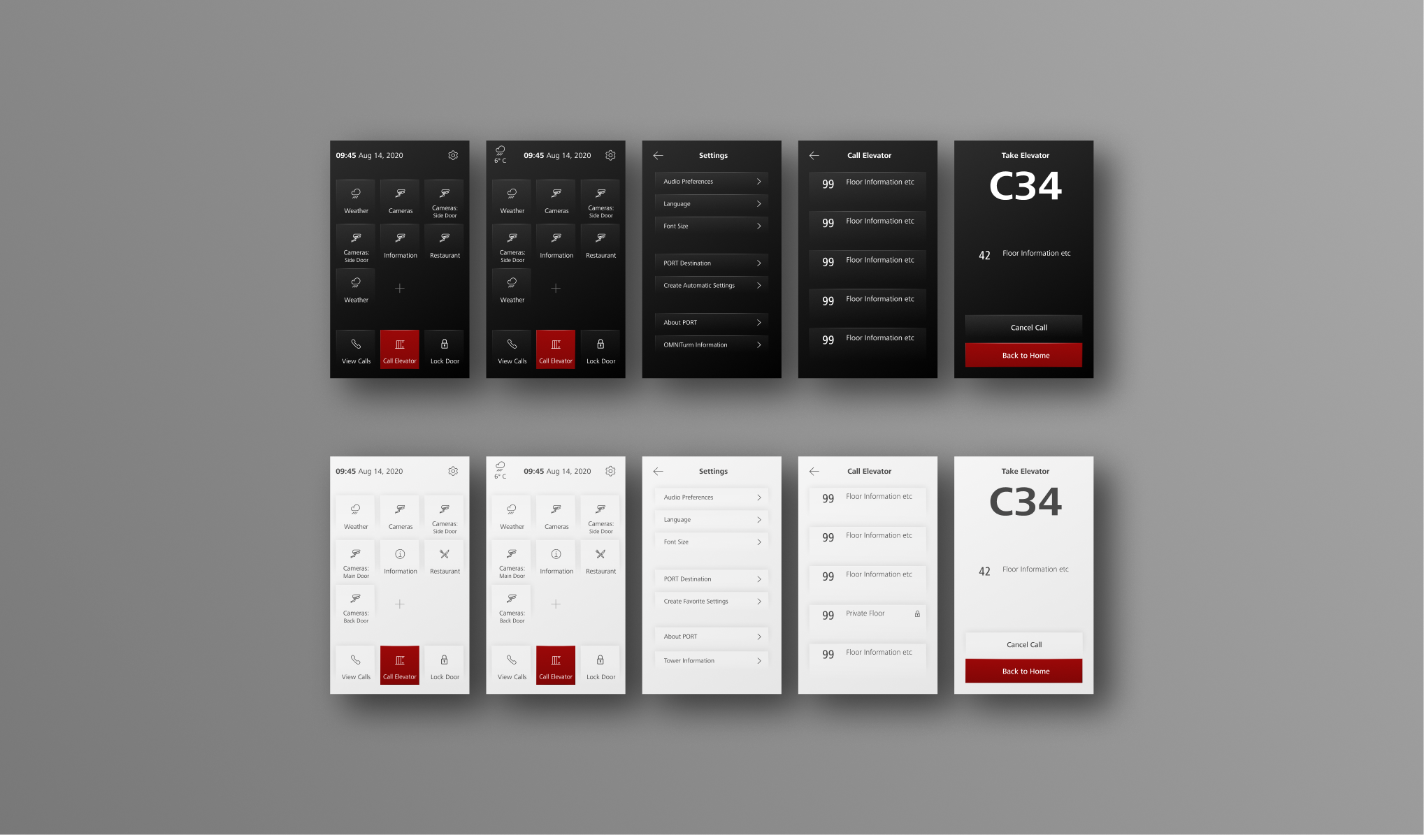 Schindler PORT home screens in dark and light mode